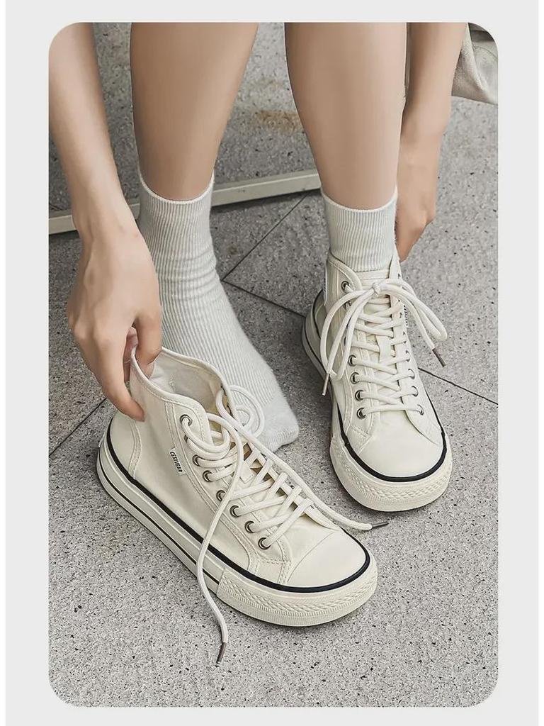 Damskie płócienne sneakersy Mango z wysoką cholewką 2025: Nowe Letnie Szerokie Buty Płócienne, Uniwersalne Kwadratowe Palce, Gruba Podeszwa