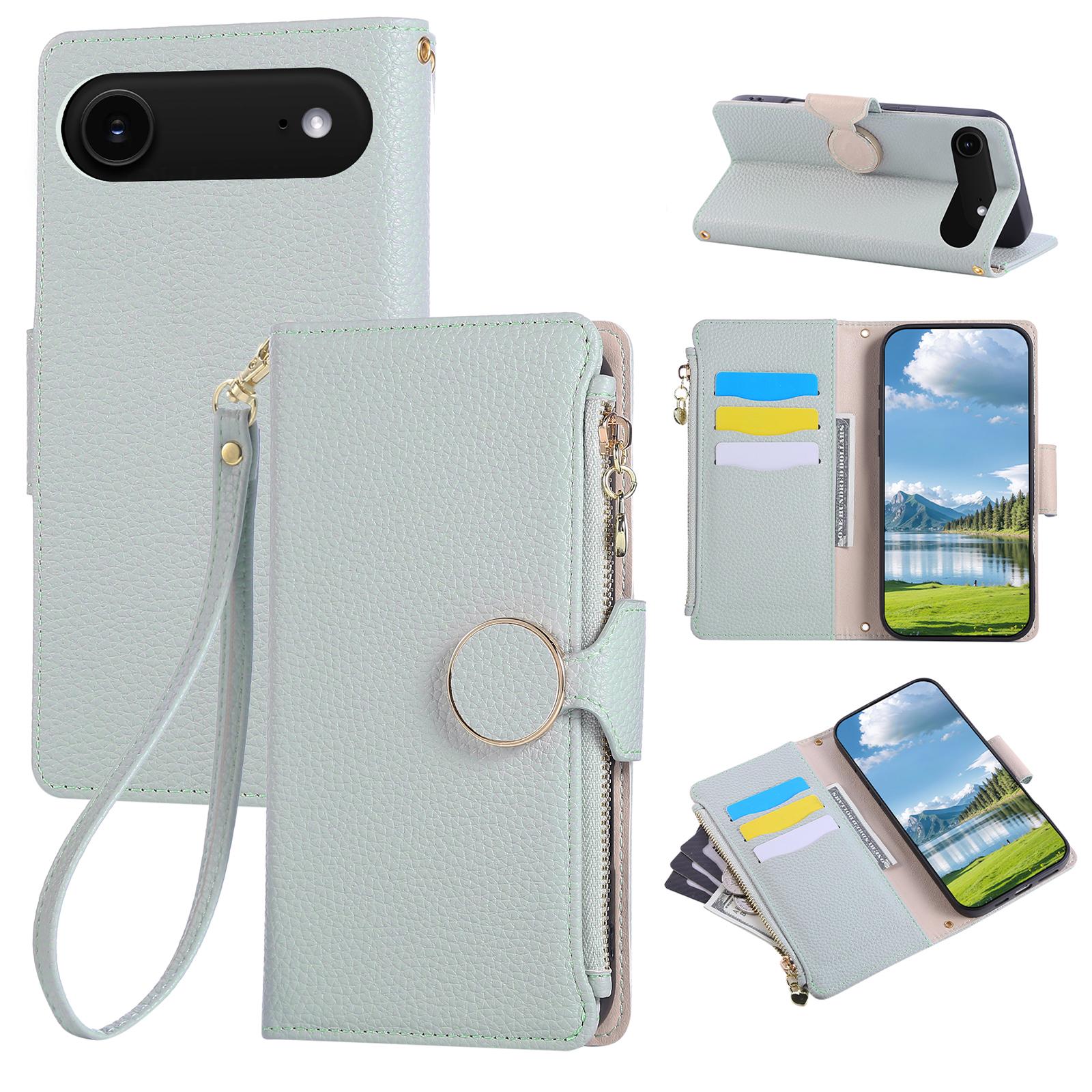 

For iPhone 17 Air Case Zipper Wallet Leather Phone Cover with Wrist Strap Cyan