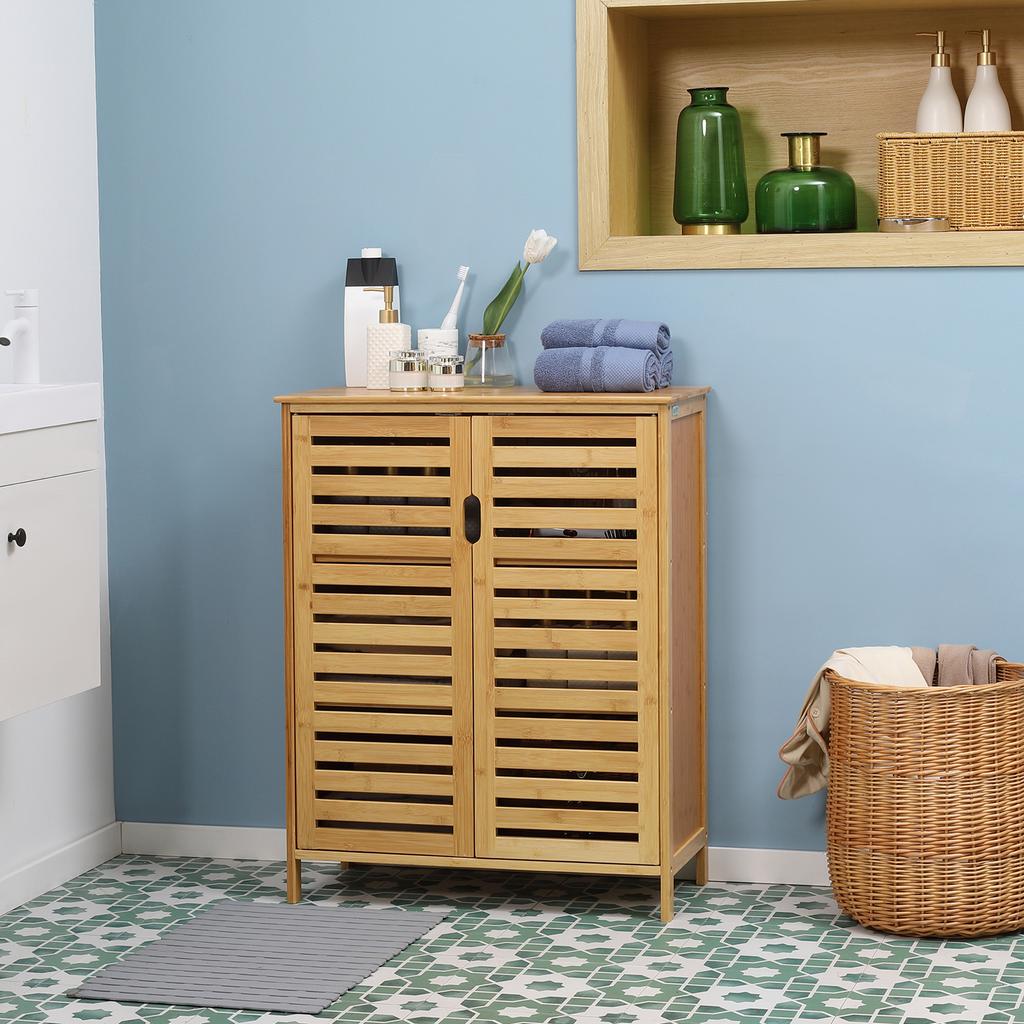 Badezimmerschrank, Bambusschrank mit Lamellendesign für Badezimmer, Flur, Kompakte Größe, Viel Stauraum, Naturholz