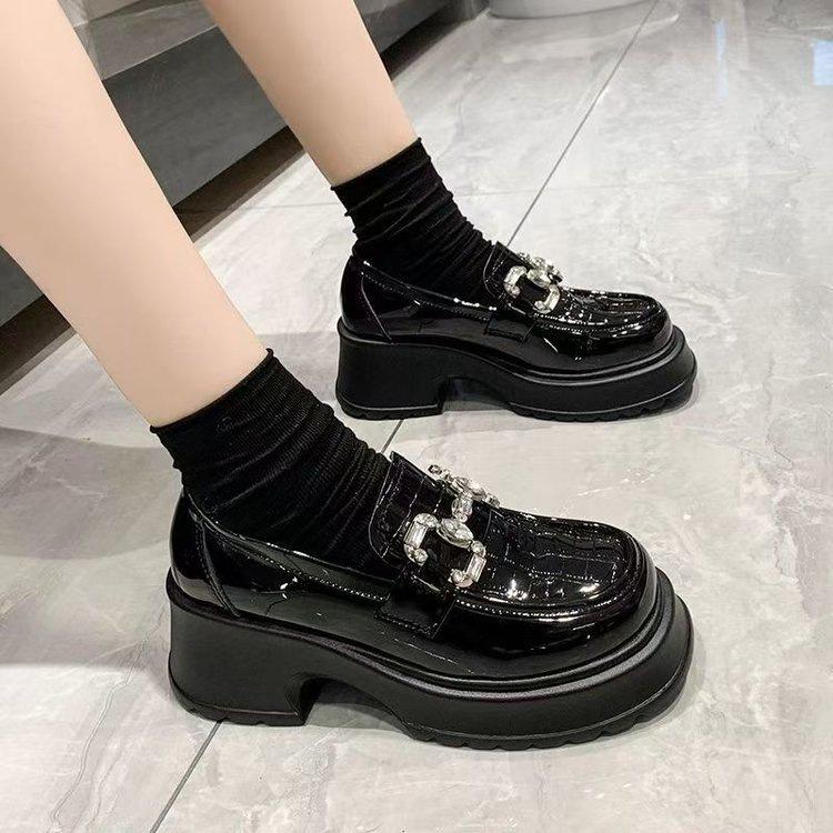 British Wind and Water Diamond Single Shoes New Spring Muffin Small Leather Shoes Thick Soles Increase