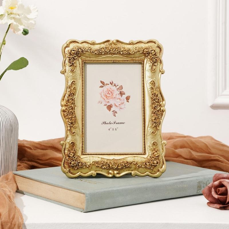 Antique Gold Carved Picture Frame With Ornate Florals Embossed For Wall Hanging Or Tabletop Decoration Photo Display
