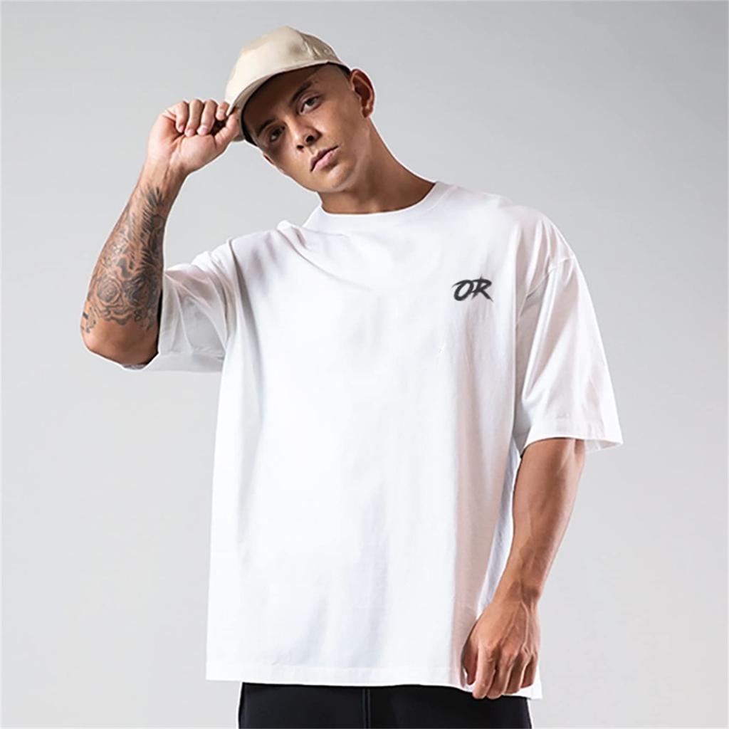 OROLN Gym Short Solid for Strength Training and Strength Training T-Shirt, Men's, Oversized, Sleeve, Stretch, Breathable, Sweat-Wicking, Color, (White