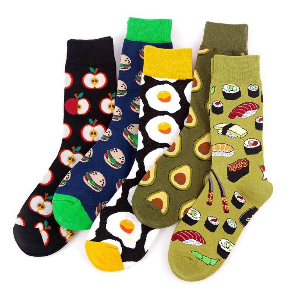 5Pairs Cotton Cartoon Short Socks Cheese Cookies Patchwork Mid Tube Socks Ankle Hosiery Breathable Food Pattern Socks Spring