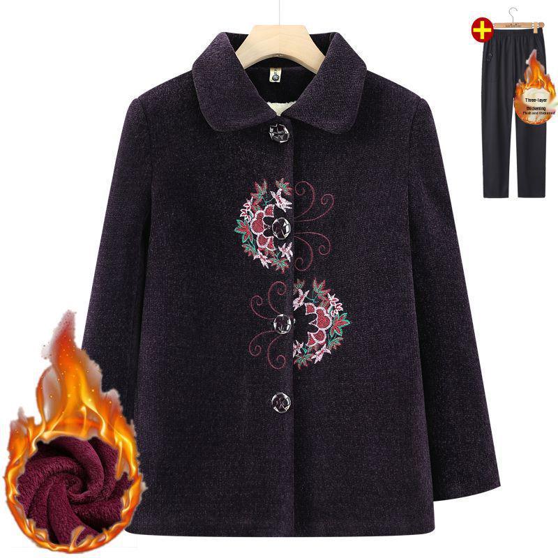 Elegant Embroidered Wool Coat for Elderly Women - Autumn/Winter Fashion with Velvet Lining