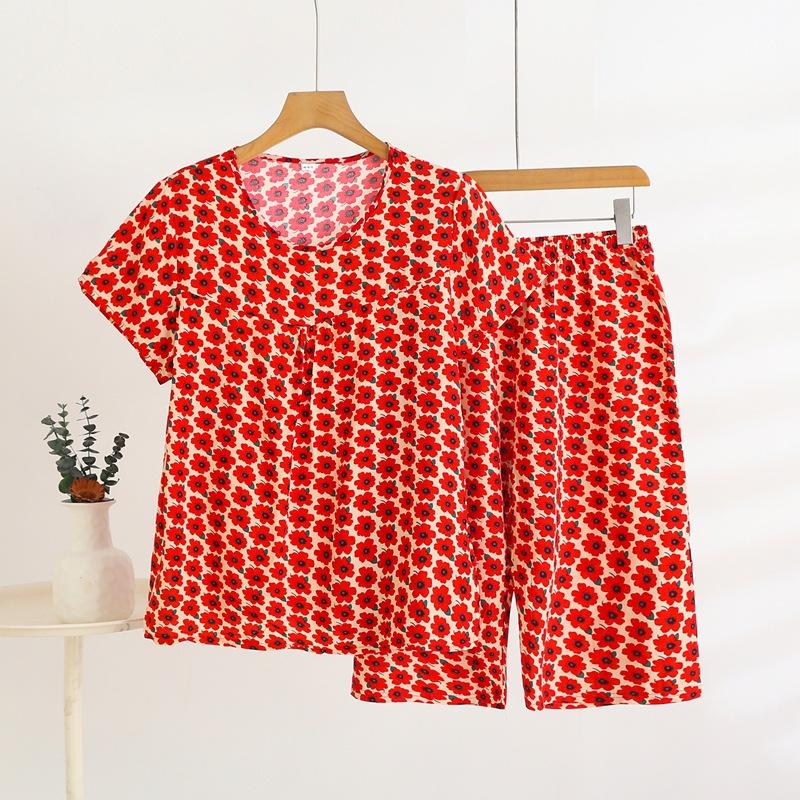 Summer Short-sleeved Home Wear Set, Women's Thin Round-neck Top, Shorts, Two-piece Loose Pajamas