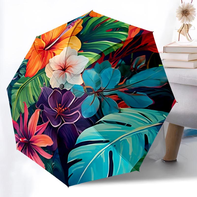 1pc Tropical Flowers Fashionable Automatic Opening/Closing Folding Umbrella with 8 Bones, Windproof Portable, Daily Use157
