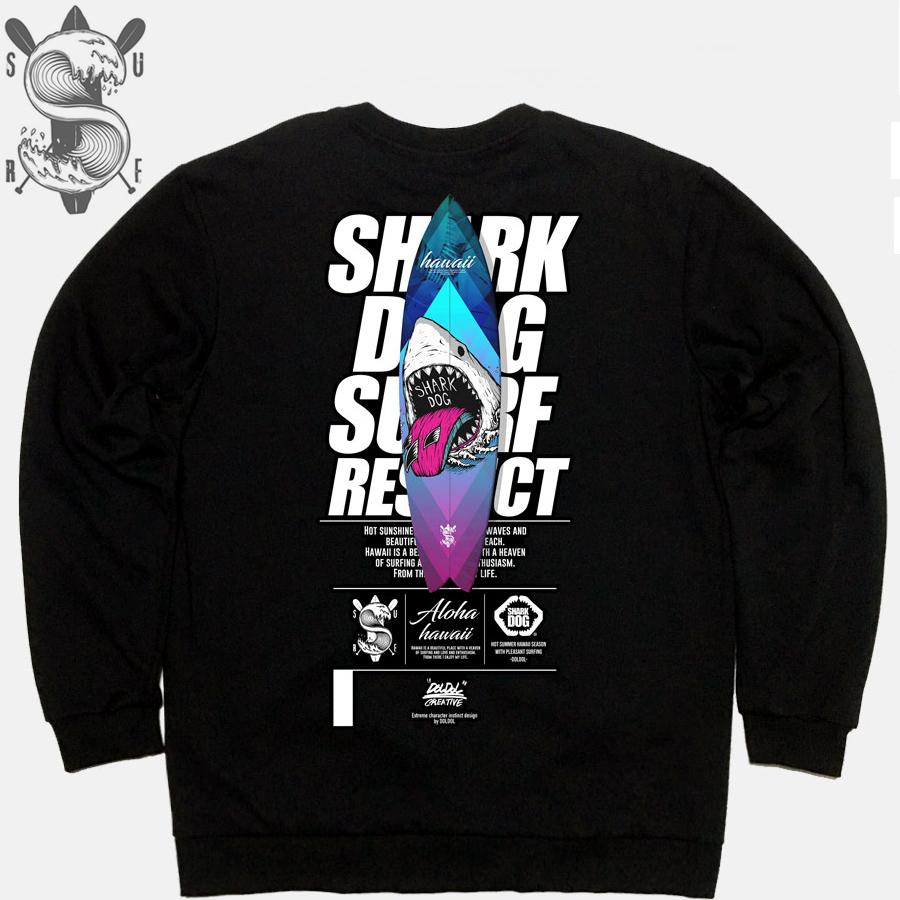 DOLDOL Shark Dog_Mtm-126 Shark Dog Surfing Hawaii Character Graphic Graffiti Design Sweatshirt Long Sleeve