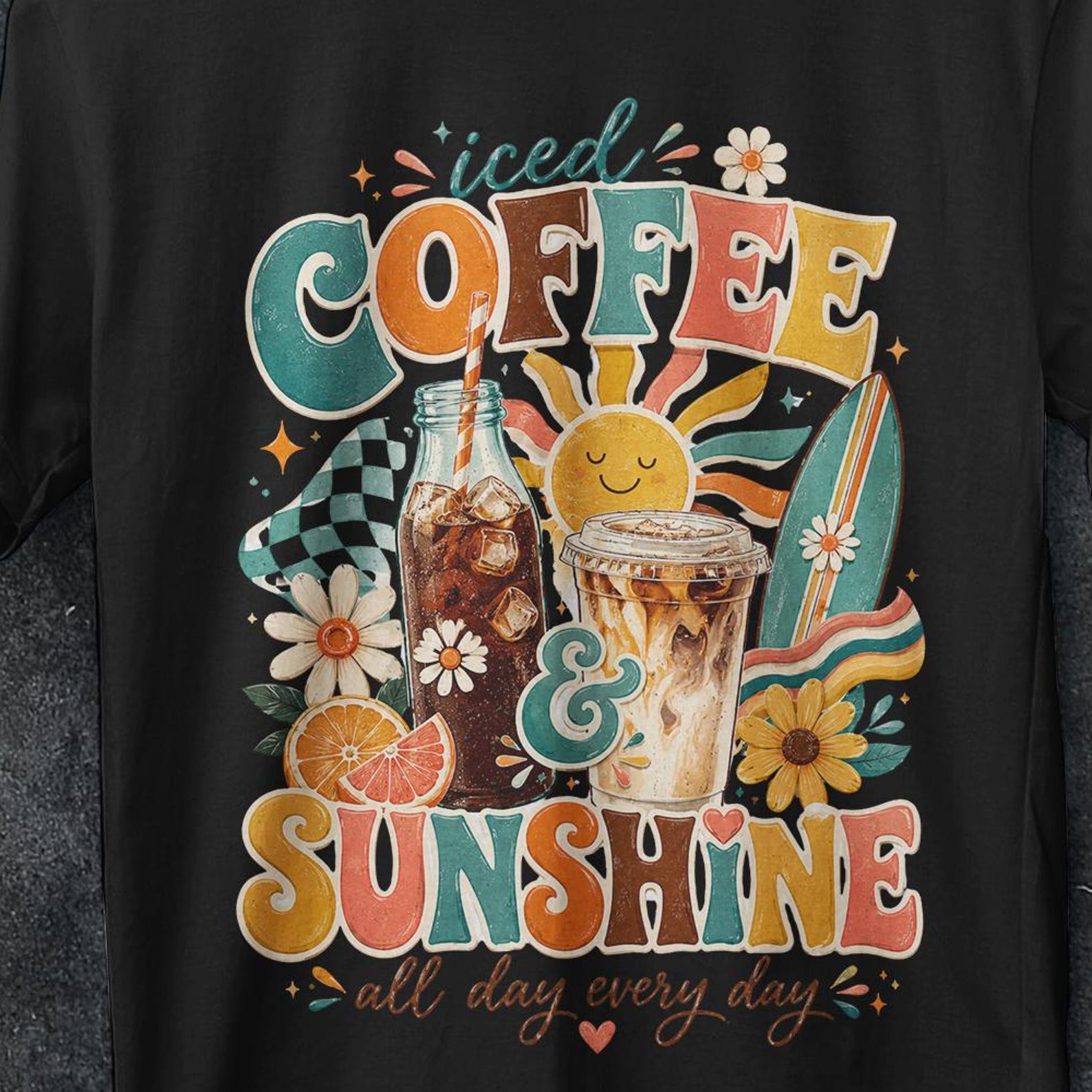 Iced Coffee and Sunshine Shirt, funny gifts, Iced Coffee Shirt, vintage t shirt, Coffee Lover Gift, Summer Vibes Shirt, Coffee T Shirt, gift 4XL