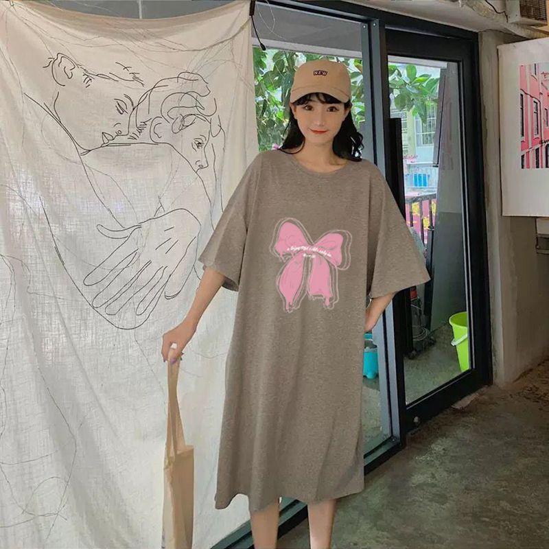 Frühlings- und Sommer Kurzarm Umstandskleid Locker zur Bauchbedeckung Mittellang Überknie Schlitz T-Shirt Kleid