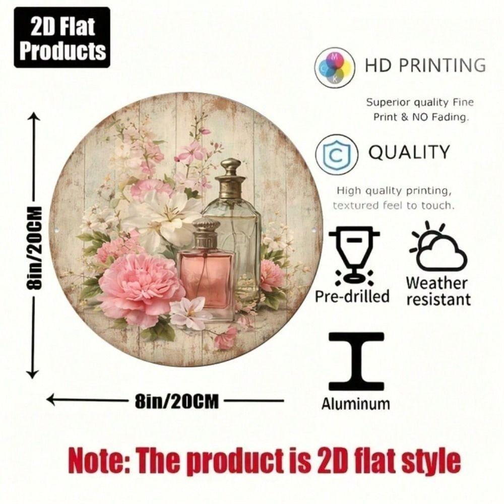 Vintage Round Metal Wall Art Sign with Perfume and Flowers Decor for Living Room