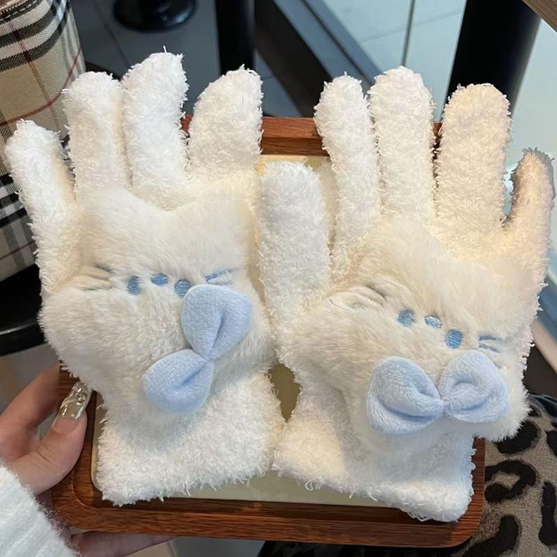 Korean Children S Gloves For Winter Students: Plush And Thick Warm Dew Five Finger Gloves синий