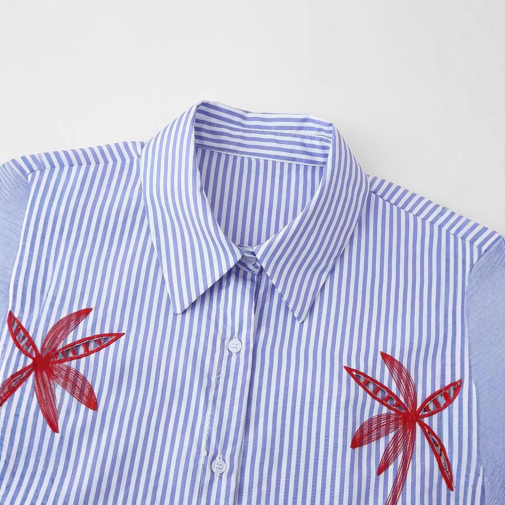 2025 Spring Women's Fashion: European & American Style Embroidered Striped Shirt
