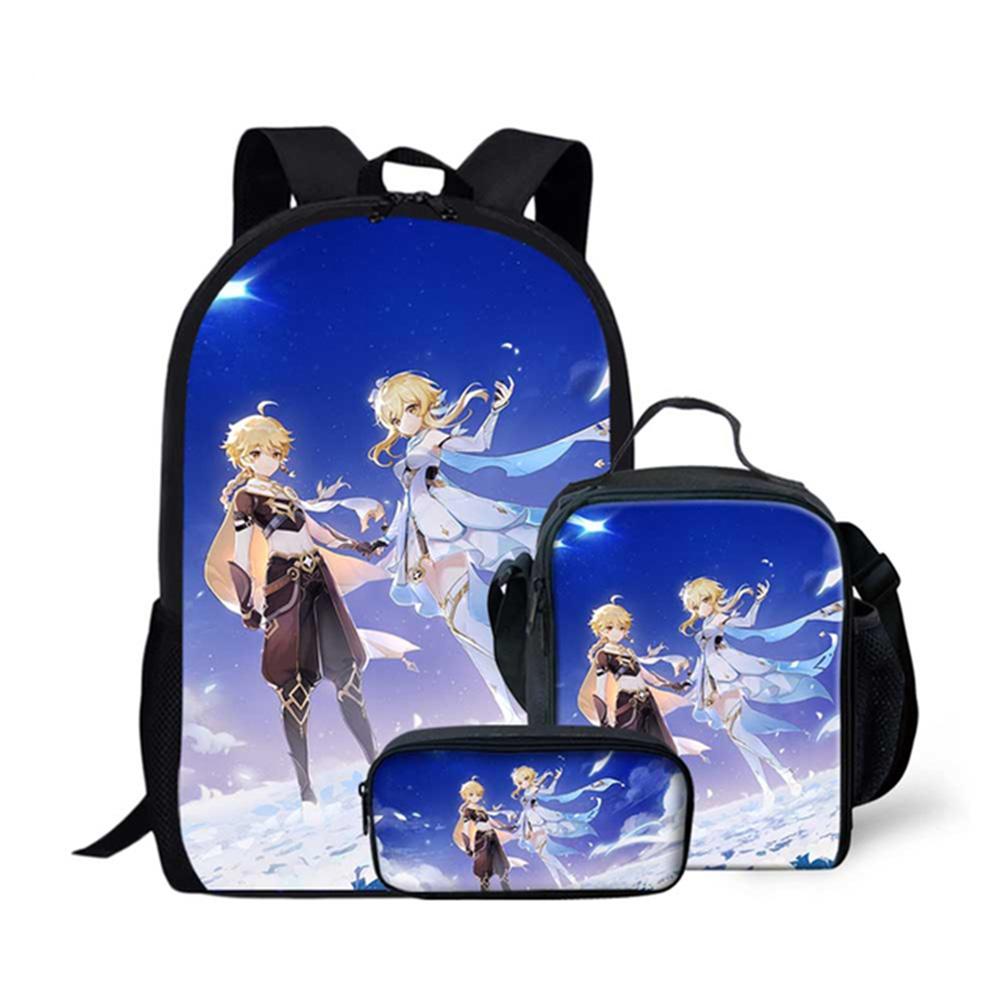 Klassiek Populair Nieuwigheid Grappig Genshin Impact 3D Print 3 stuks/Set leerling Schooltassen Laptop Dagrugzak Rugzak Lunchtas Etui blue