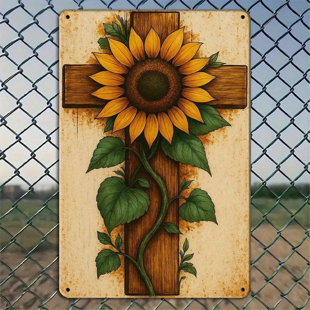 

Vintage Sunflower Cross metal sign, 8x12 inch. чистый