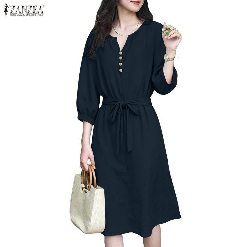 ZANZEA Women Casual V-Neck Loose 3/4 Sleeve Solid Dress