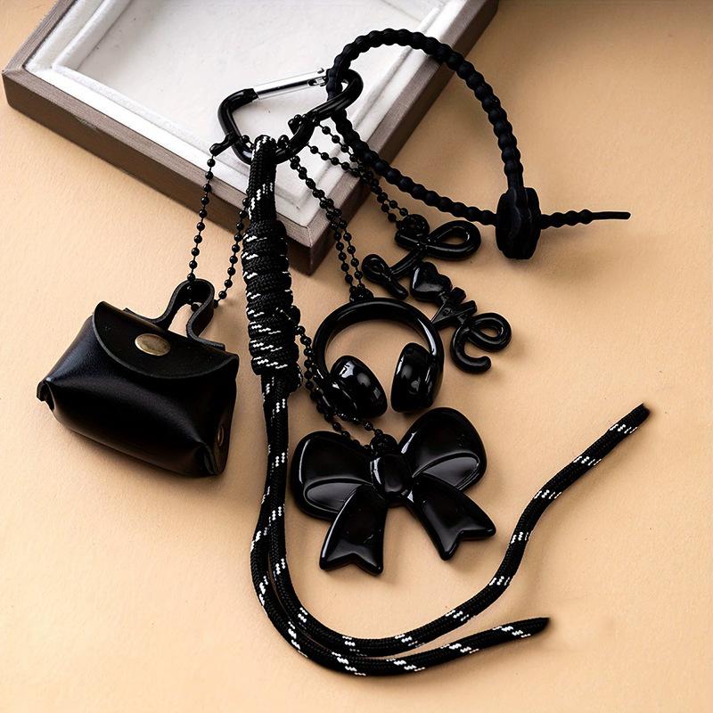 

Fashionable Bow-shaped Earphone Clips Miu-style Braided Cord Bag Charms Matching Couple’s Bag Charms and Cute Key Rings чорний