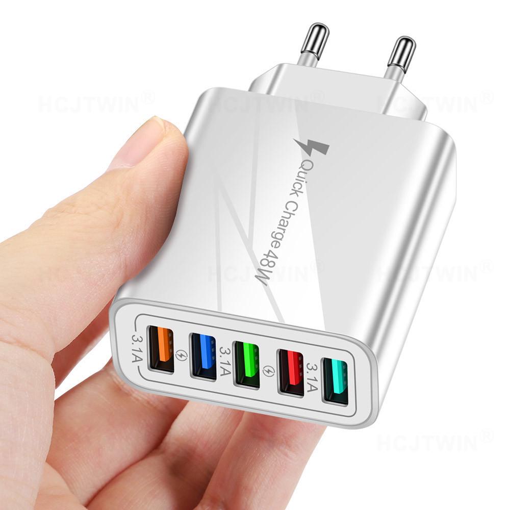 Multi-Port USB Charger with LED - Compatible with EU, US, UK Standards for Mobile Devices
