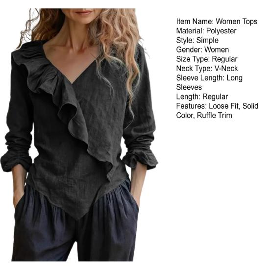 Yousheng Damen Oberteile V-Ausschnitt Langarm Rüschen-Design Einfarbig Pendlerbluse Lockere Passform Arbeit Party Freizeit-Oberteile Alltagskleidung