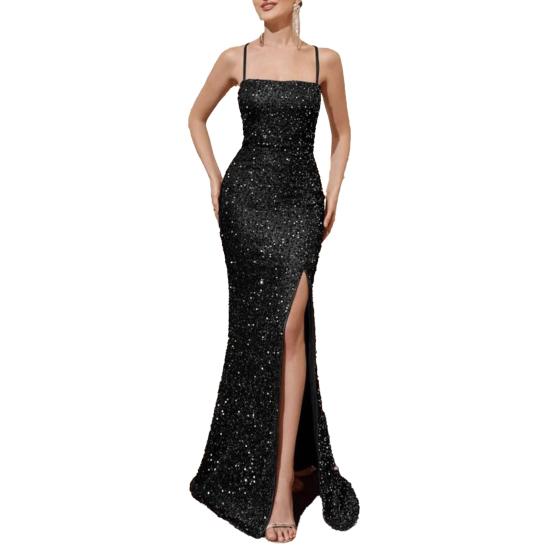 Women's Sparkly Sequin Long Formal Dress Square Neck Backless Split Mermaid Prom Dress Spaghetti Strap Evening Party Gown