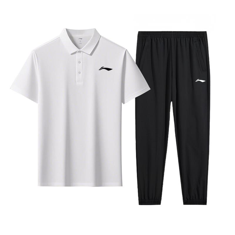 Li-Ning Summer Quick-Dry Short Sleeve Lightweight Breathable Versatile Pants Casual Sports Set Men sets Standard-White Black YWBW061-2