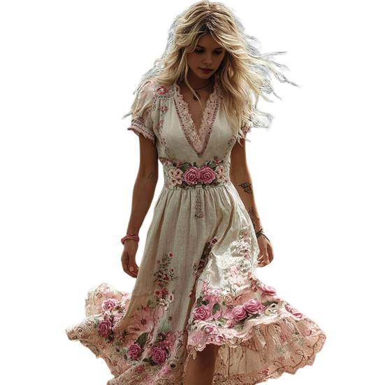 Damen Blumenmuster Maxikleid Kurzarm V-Ausschnitt Schwingkleid Boho Fließendes A-Linien-Kleid Lässiges Abschlussball-Party-Hochzeitsgast-Kleid