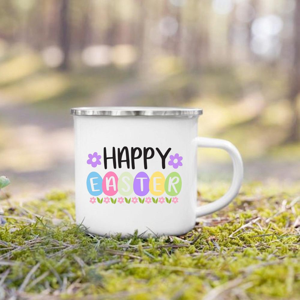 Cute Bunny Egg Print Cups Happy Easter Enamel Mugs Fall Easter Party Wine Juice Mug Dessert Cocoa Milk Handle Cup Gift for Child