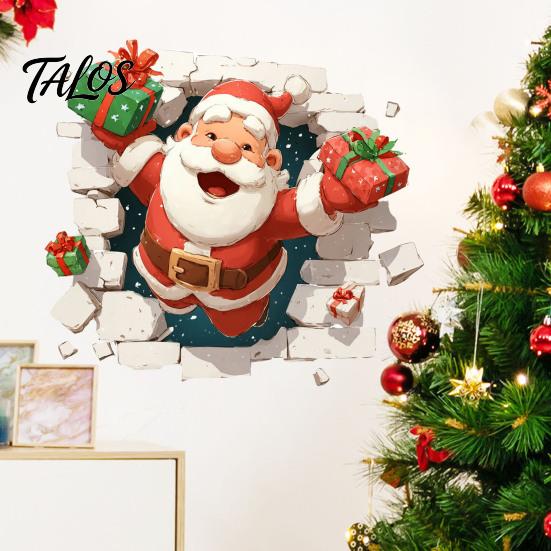 Indoor Outdoor Holiday Decor 3D Santa Claus Christmas Wall Decals, Break Through Reindeer Seasonal Art Window Stickers, Removable Winter Decorations