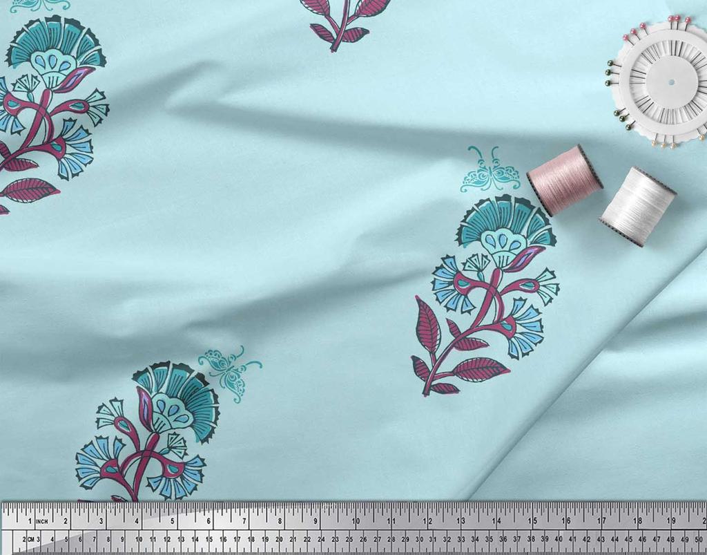 Soimoi Blue Japan Crepe Satin Fabric Insect|Leaves & Floral Block Print Fabric by Yard 42 Inch