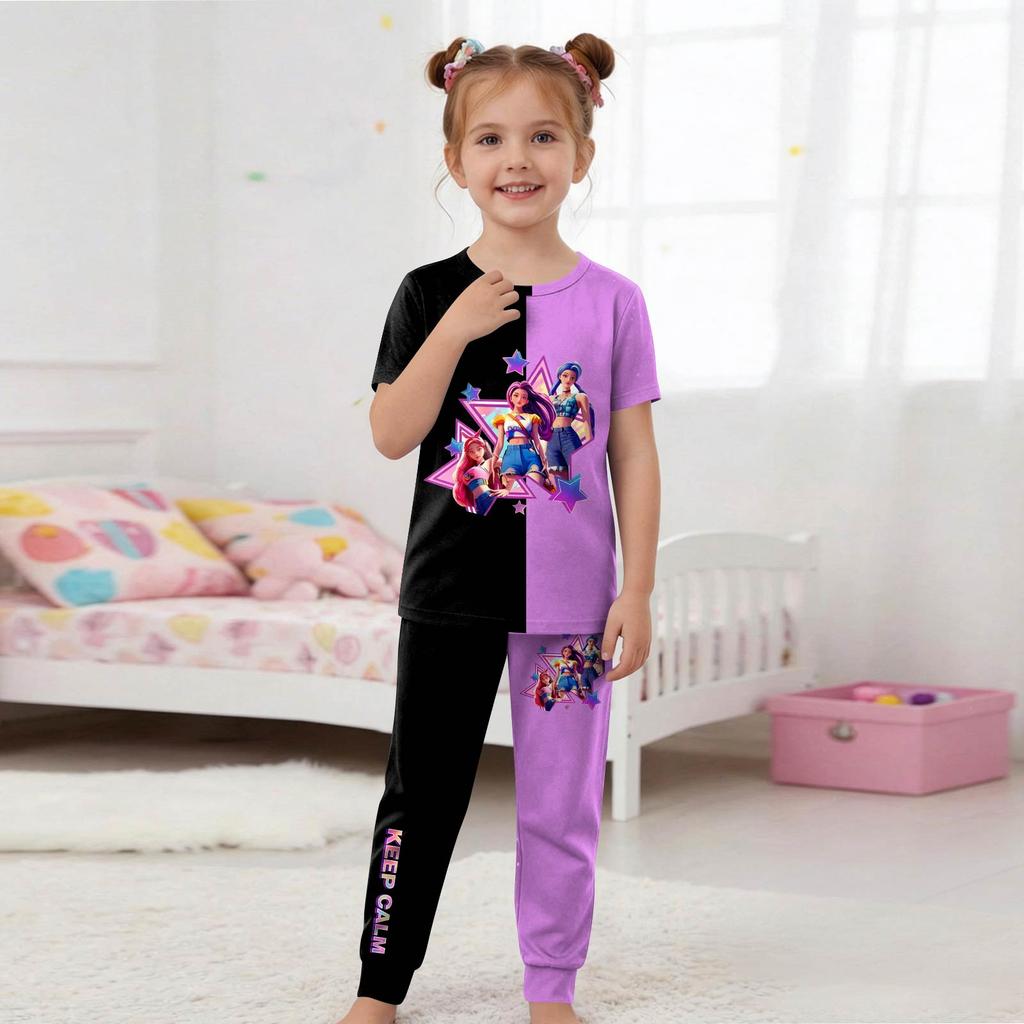 Kids Fashion Outfit Set Round Neck Short Sleeve Top and Pants Printed Design Comfortable Fit Suitable for Daily Wear and Playtime