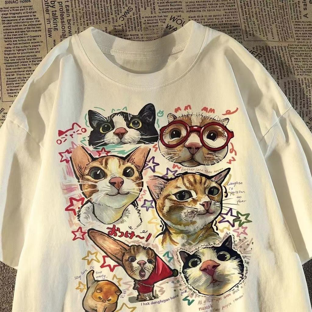 2026 New Street Art Cartoon Cat Collection Printed Plus Size Mens and Womens Cotton Short Sleeve Loose Crew Neck TShirts