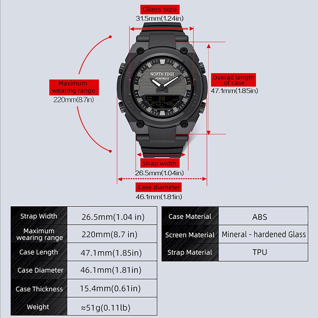 NORTH EDGE FORTRESS 2026 Men's Army Military Digital Watch Outdoor Sports Waterproof 50M Watches World Time Countdown LED Clock