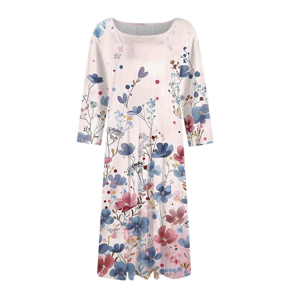 Women's Casual Fashion Round Neck Three Quarter Sleeve Print Midi Dress