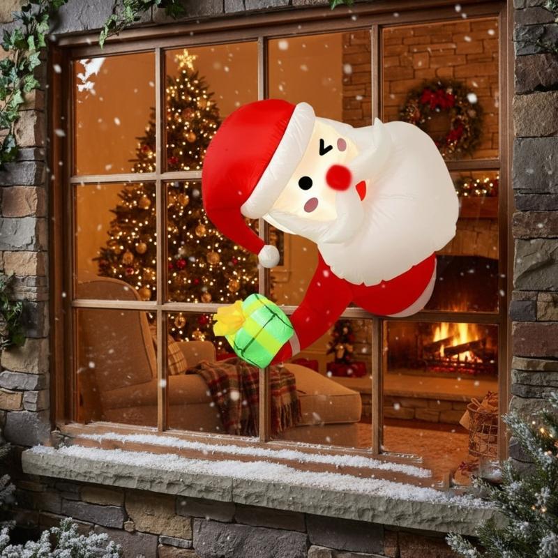 Light Up Inflatable Window Santa Ornament For Outdoor Garden Christmas Party Decoration