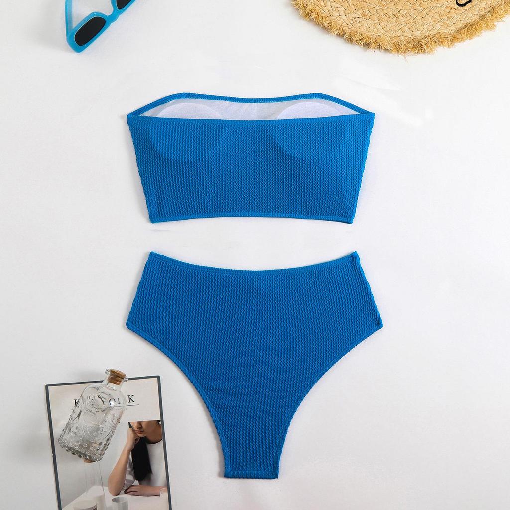 2025 Solid Color High Waist Bandeau Bodycon Bikini Set - European & American Style