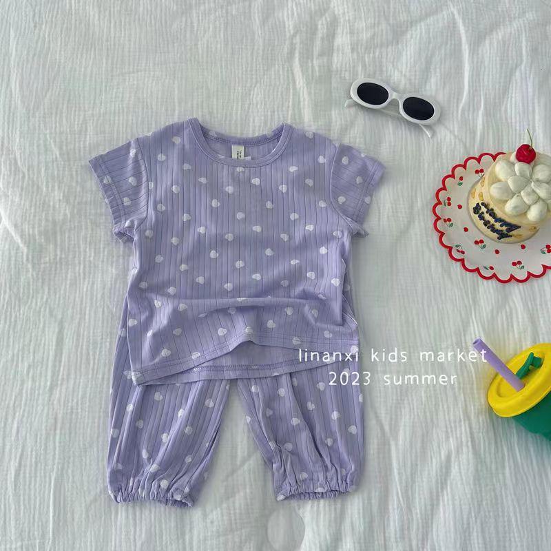 2023 Letní Dívčí Žebrovaný Pyžamový Set ze Ledového Hedvábí s Krátkým Rukávem - Korejský Styl