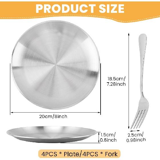 8 Pack Stainless Steel Plates, 8 Inches Metal Dinner Plate with Forks, Round Serving Camping Plates for Serving Dishes Dessert Salad, Unbreakable &