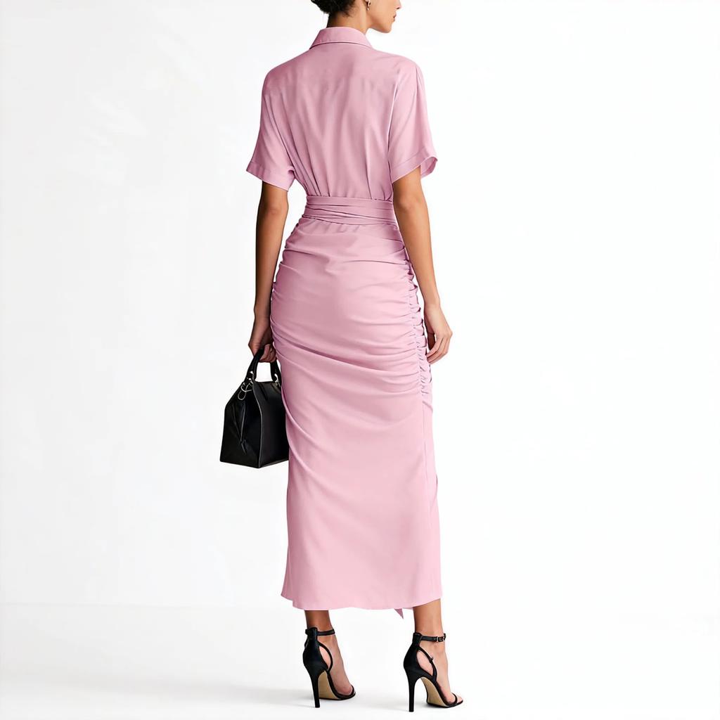 Women's Fashion Vintage Short-Sleeve Pleated Button-Down Shirt Dress