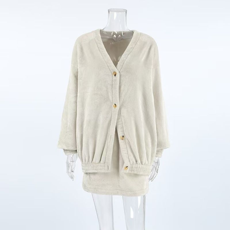 

Fashion Wind Polar Fleece Cardigan Top Skirt Two-piece Set Polar Fleece Top and Skirt Set Khaki M