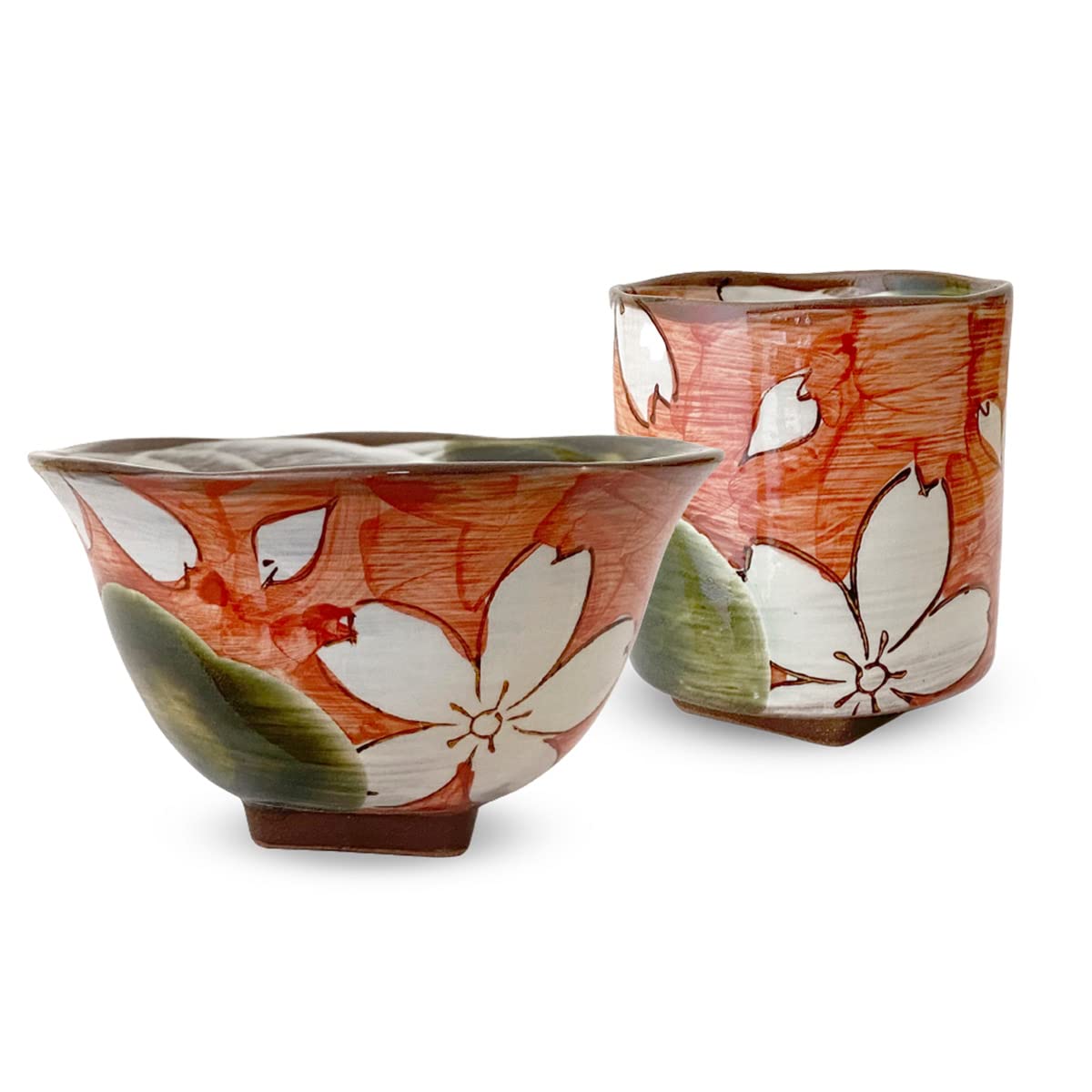 

Studio Sho Oribe Kohiki Sakura Tea Bowl and Teacup Hasami Made in Japan J-kitchens ~ Square-Based Set, Red, Ware,