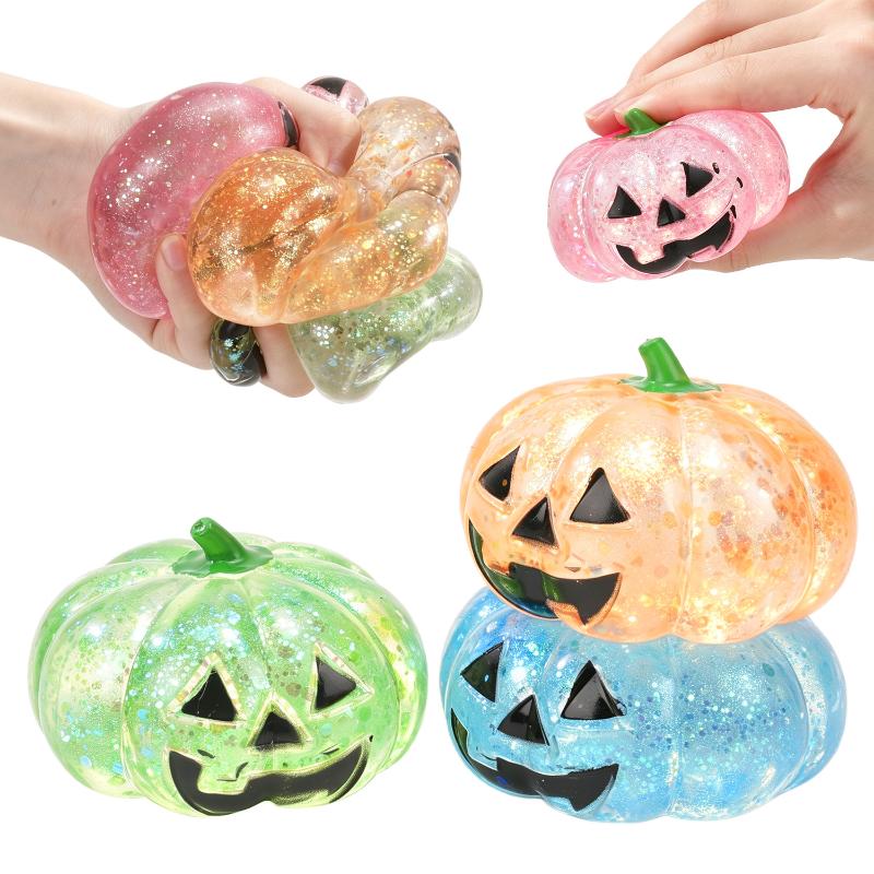 Halloween Glitter Pumpkin Squeeze Toy Glow Sequins Filled Stress Ball Slow Rebound Fidget Toy Stress Relief Gift