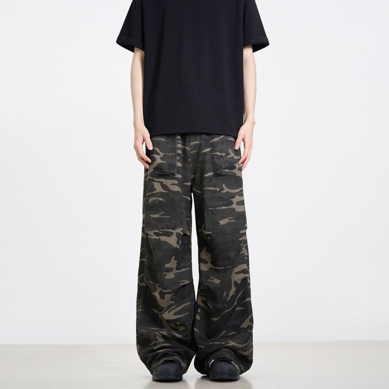 

Kisko Niche American-Style Camouflage Parachute Cargo Pants for Men, Vintage Drawstring Adjustable Loose Straight-Leg Casual Pants Fan color XL