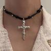 Personality Punk Sliver Color Vine Entwined Cross Pendant Black Leather Rope Necklace for Women Men Collar Chain Jewelry Gifts