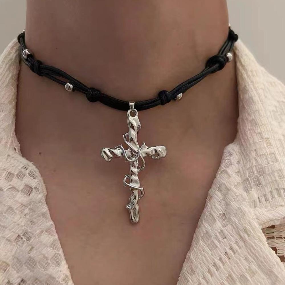 Personality Punk Sliver Color Vine Entwined Cross Pendant Black Leather Rope Necklace for Women Men Collar Chain Jewelry Gifts