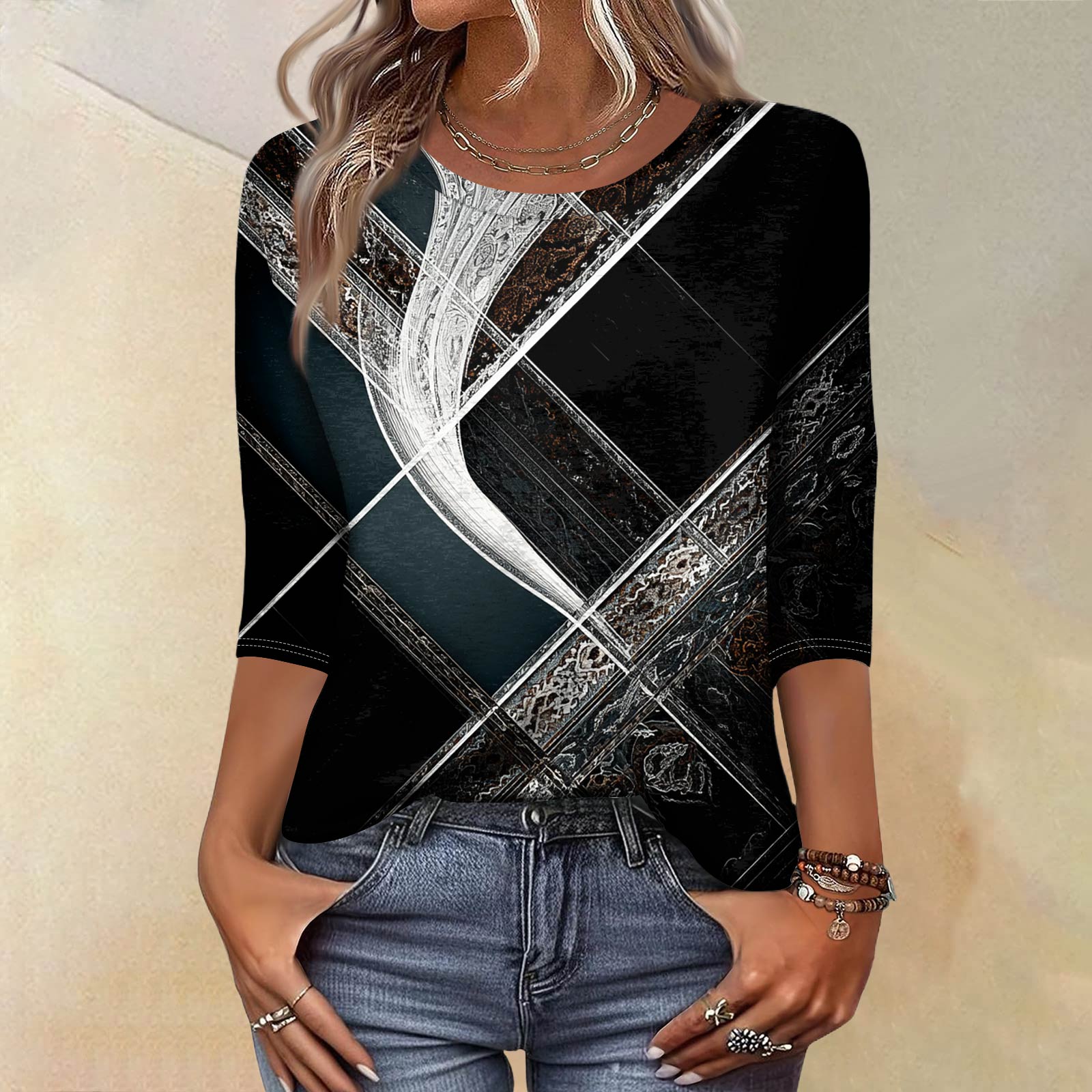 

Модный винтажный топ с рукавом три четверти для женщин, женская повседневная блузка-футболка с круглым вырезом и принтом L чёрный