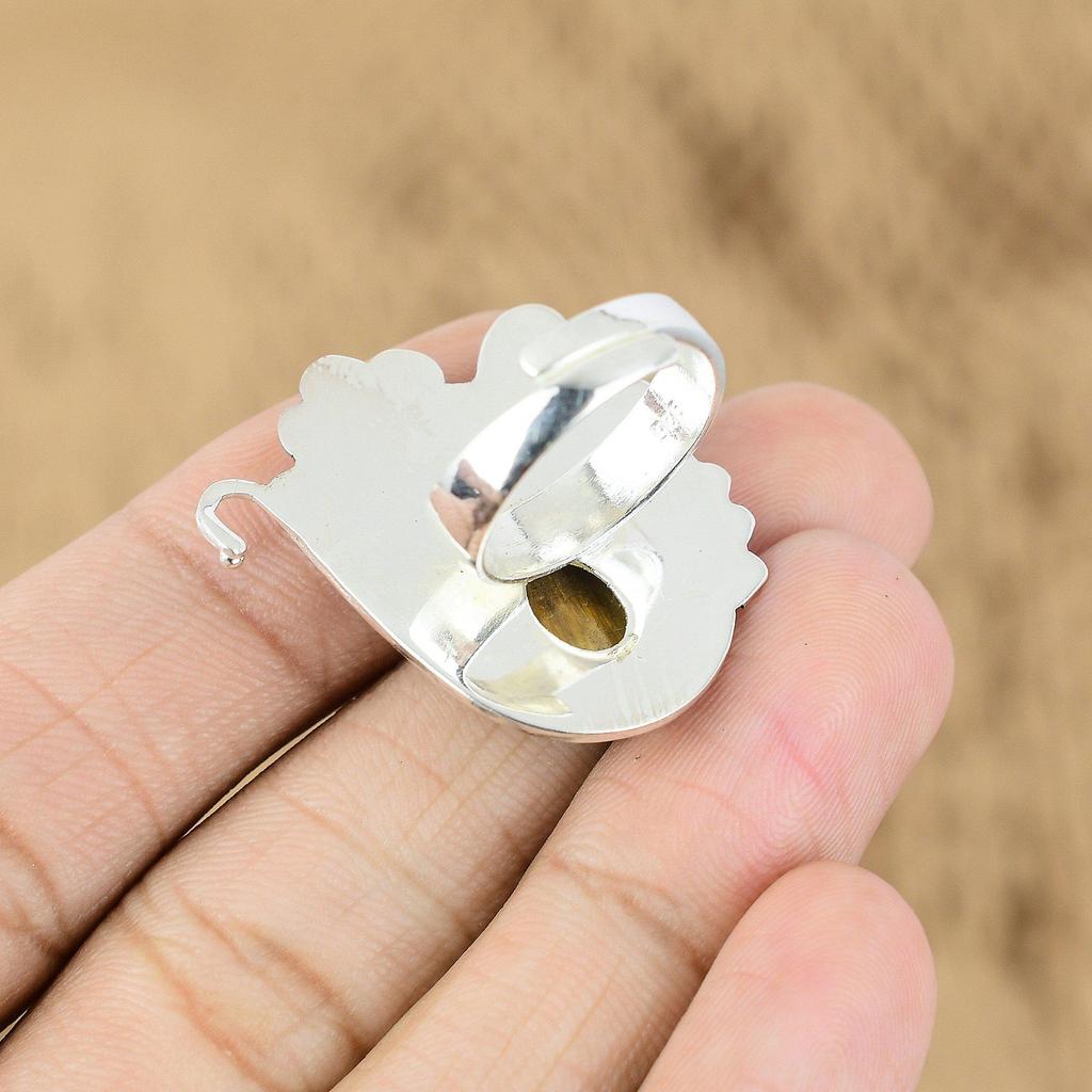 925 Silver Natural Tiger's Eye Anniversary Promise Wedding Flower Statement Ring