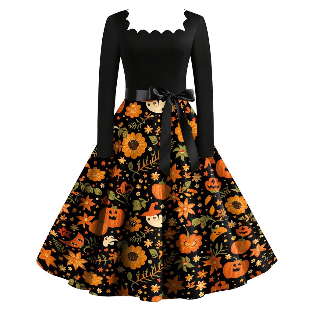 Women's Retro Long Sleeve Square Neck Halloween Print Party Dress