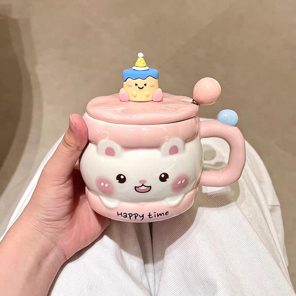 Cute Ceramic Mug With Lid Spoon Household Drinking Cup Couple Breakfast Coffee Cup Birthday Gift For Girls