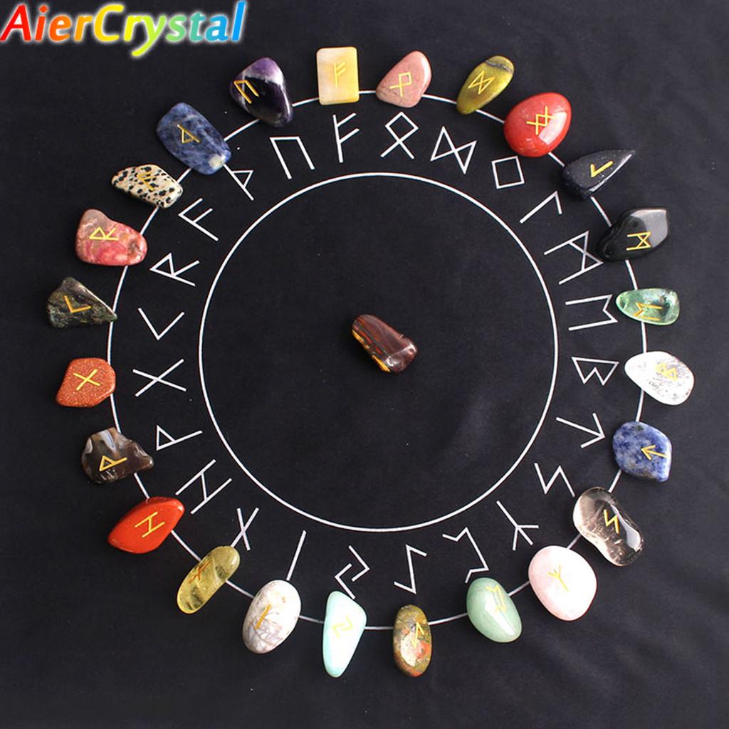Natürliches Kristall-Runensteine-Set 25 Stück Quarzachat Kristallstein Hexen Reiki Heilenergie Runenbuchstaben Kristallgravur Handwerk
