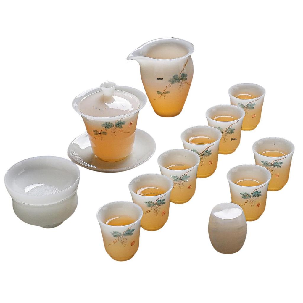 Luxury Hand-painted White Porcelain Jade Tea Set for Home & Commercial Use - High-grade Ice-type Chlorophytum Gongfu Style Gift