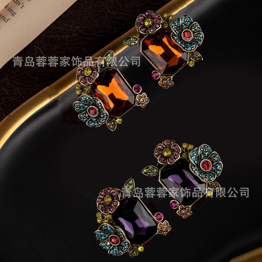 Vintage Court Style Flower Colored Gemstone Earrings Classical Elegance Grandeur Antique High-end Goods